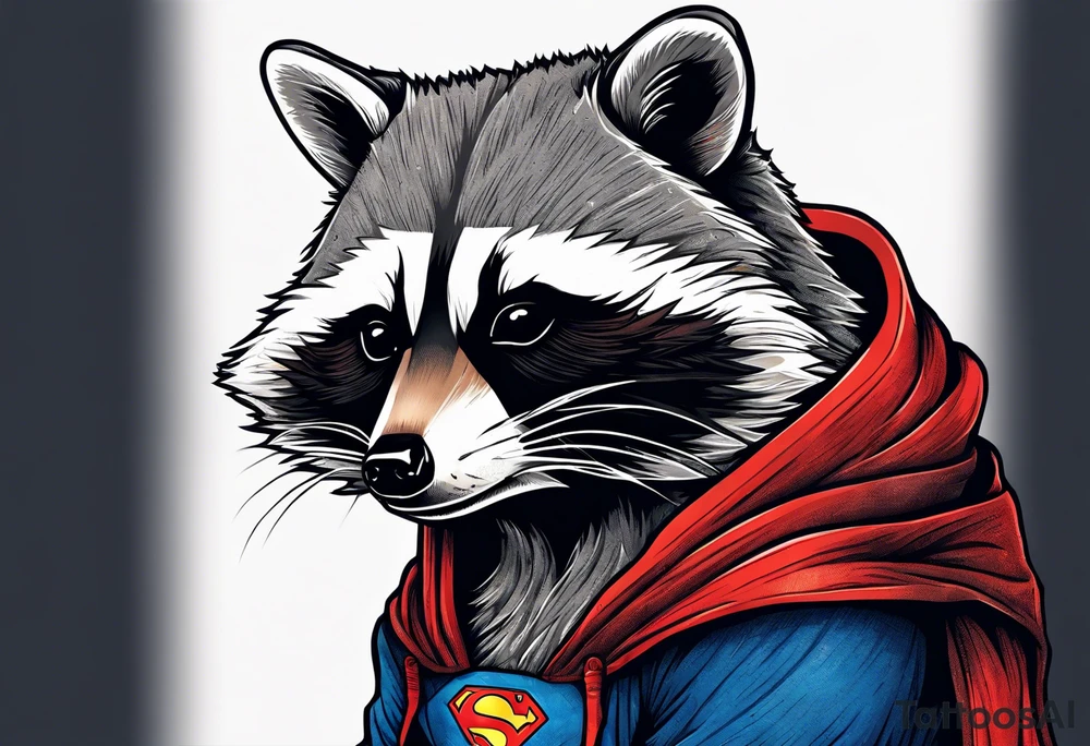 raccoon wearing a Superman hoodie tattoo idea