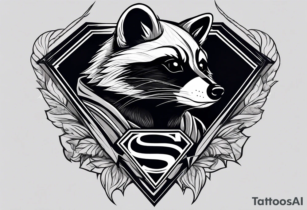 Raccoon wearing a white Superman logo on a black hoodie tattoo idea