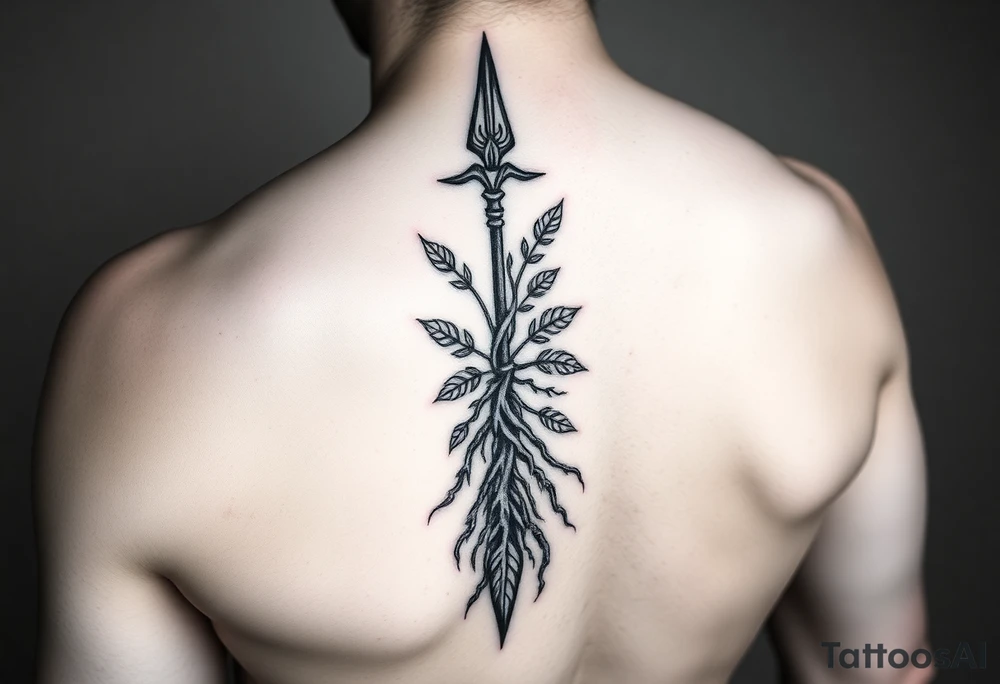 A broken spear with roots growing through it, tribal blackwork style, symbolizing healing through soul, not ego. 
One side traditional tribal pattern (e.g. Polynesian spear motifs), the other cracked but reforged with symbols of soul: leaves, stars, or water. 
The roots at the bottom, the spear at the top, tattoo idea