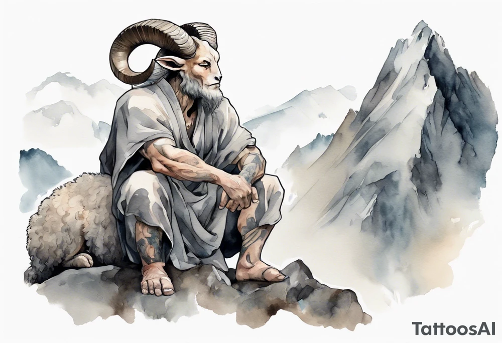a solitary muscular man with the head of a big-horned sheep, wearing a grey tunic on a mountain tattoo idea