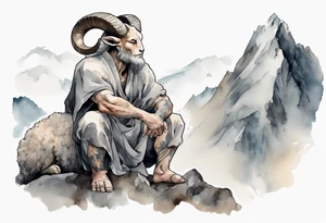 a solitary muscular man with the head of a big-horned sheep, wearing a grey tunic on a mountain tattoo idea