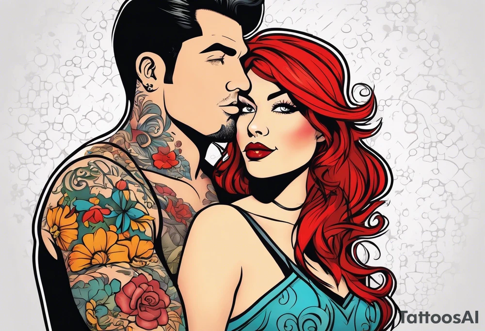 Busty Red haired woman with black haired man tattoo idea