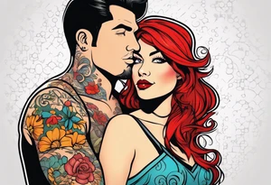 Busty Red haired woman with black haired man tattoo idea