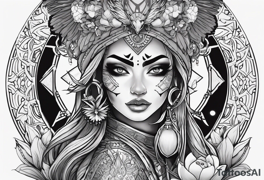 kali ma, alien goddess, valkrye, pirate, divine feminine, zenza resonance, pachamama, lotus azul, blank panther, eagle, skull, 5D, nueva gaya, dna 12 tattoo idea
