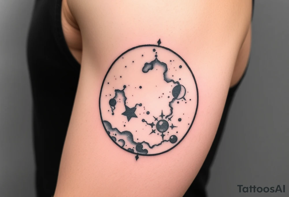 A galaxy themed tattoo, bordered with a oval shaped frame tattoo idea