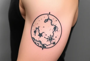 A galaxy themed tattoo, bordered with a oval shaped frame tattoo idea
