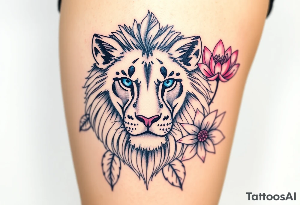 Lion with blue eyes surrounded by larkspur and water lily tattoo idea