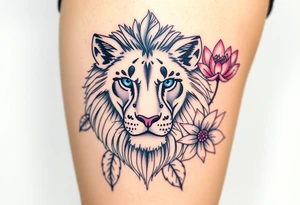 Lion with blue eyes surrounded by larkspur and water lily tattoo idea