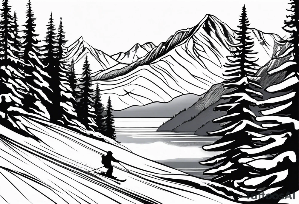 snow skier in distance coming down mountain in distance with trees and mountains and lake at bottom with waterskier tattoo idea