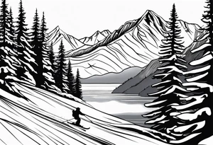 snow skier in distance coming down mountain in distance with trees and mountains and lake at bottom with waterskier tattoo idea
