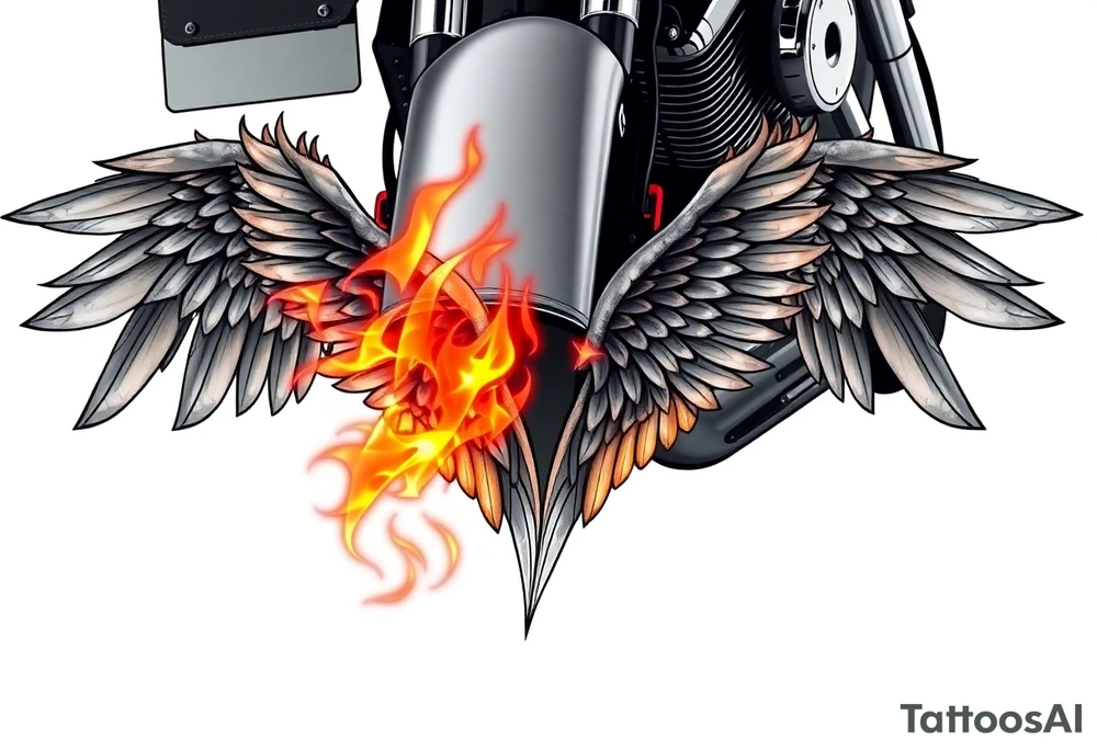 Low rider grey motorcycle, big muffler pipes with flames, angel wings tattoo idea