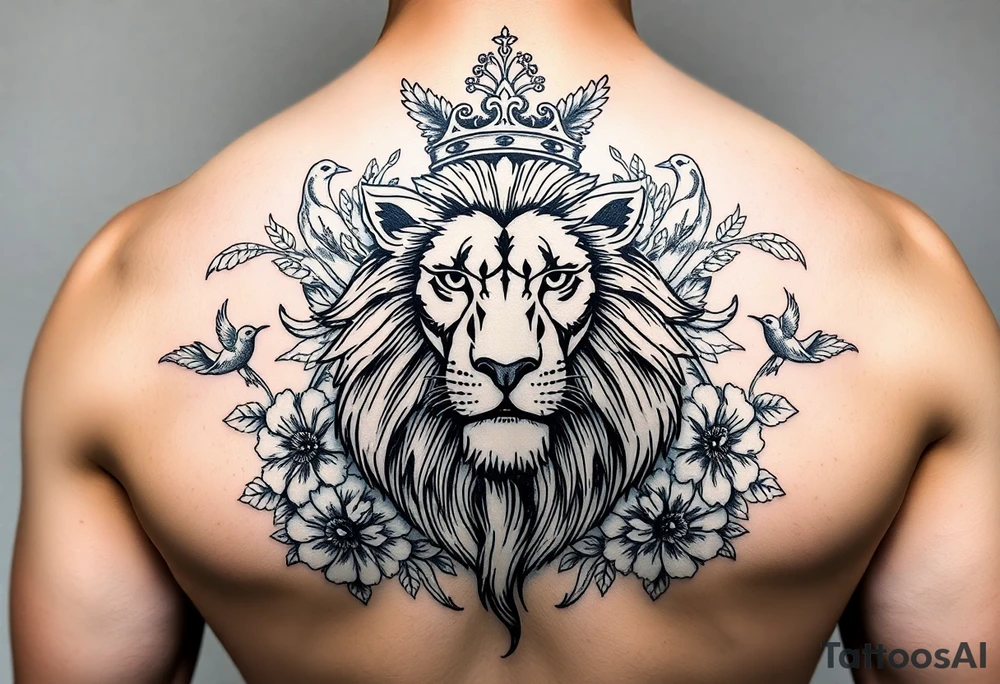 powerful majestic lion with a crown, surrounded by floral ornaments and birds tattoo idea