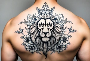 powerful majestic lion with a crown, surrounded by floral ornaments and birds tattoo idea