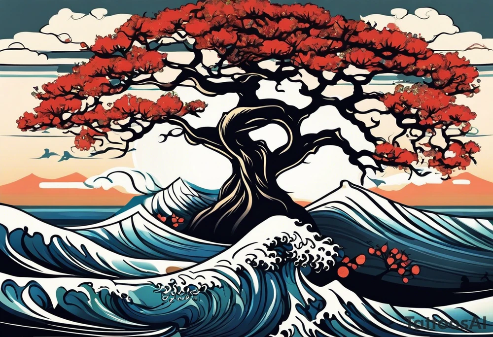 an abstract Tree of Life tattoo. It should have roots growing out of the bottom. The roots slowly turn into water from the Great Wave by Hokusai. A golf flag should be placed discreetly growing out of the ground. 2 license plate tags should be hanging from the tree. Place a few music notes in the areas the leaves should be. The letters A U should be engraving into the tree trunk in a heart. Not inside a circle. The overall shape of the tattoo should be organic. Black and white only. tattoo idea