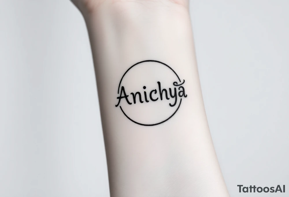 Create a tattoo that writes the Hindi word "Anichya" with A circle or spiral, which represents the cyclical nature of life and death tattoo idea
