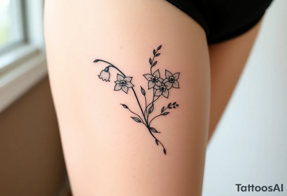 Simple small design in black bunch of flowers 1 lily of the valley 1 daffodil 1 holly vine 1 larkspur tattoo idea