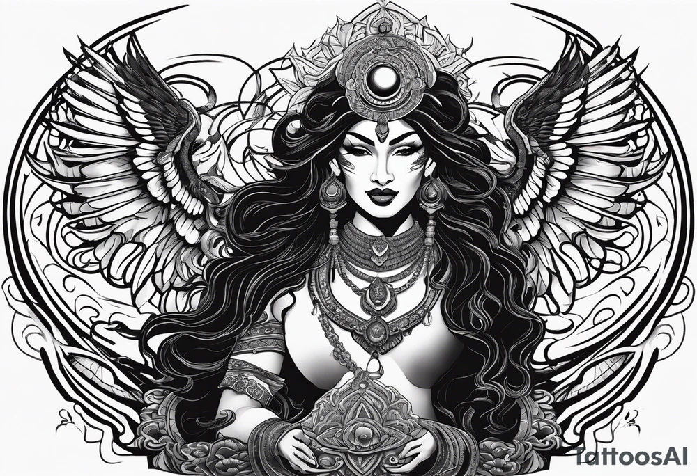 black kali, goddess pirate, alien, angel, pachamama, valkrye, warrior, flying, skull, lotus azul, wing, eagle, zenza resonance, stars, 5D, anahata chakra, death, durga, riding on a tiger, flying lady, kundalini, chest tatoo, samuri, rebel, serpent tattoo idea