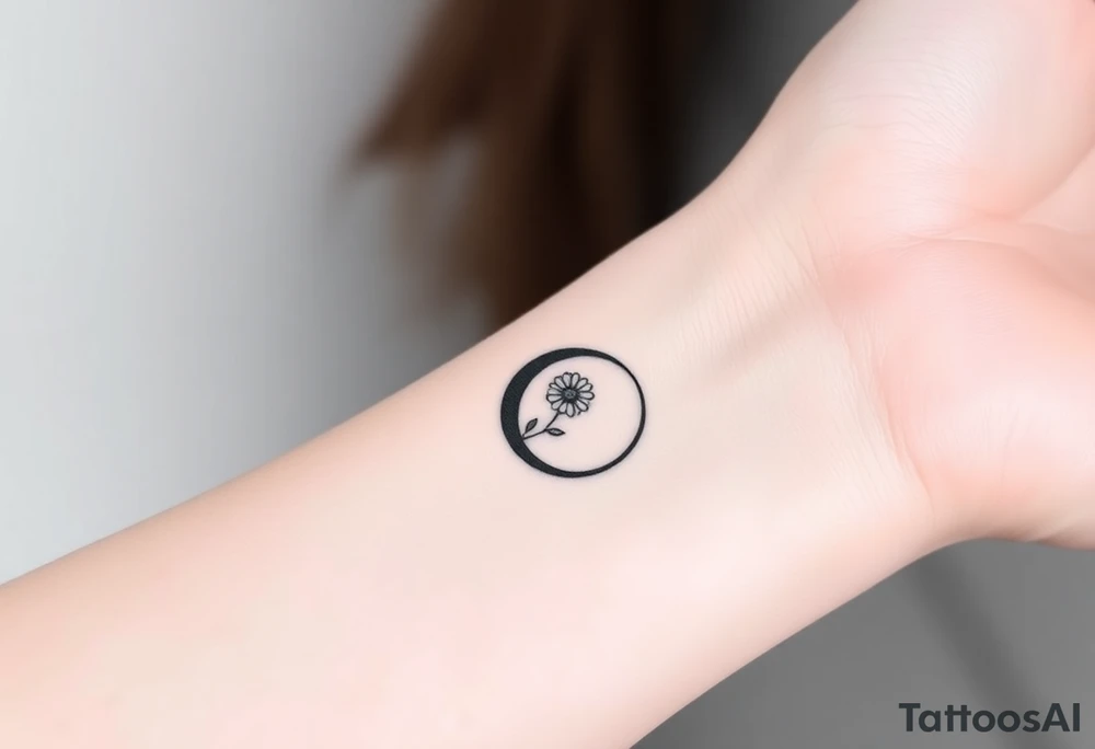 Small black and white tattoo waxing crescent moon with small Daisy birth flower and tiny Leo gliph tattoo idea