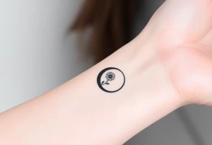 Small black and white tattoo waxing crescent moon with small Daisy birth flower and tiny Leo gliph tattoo idea