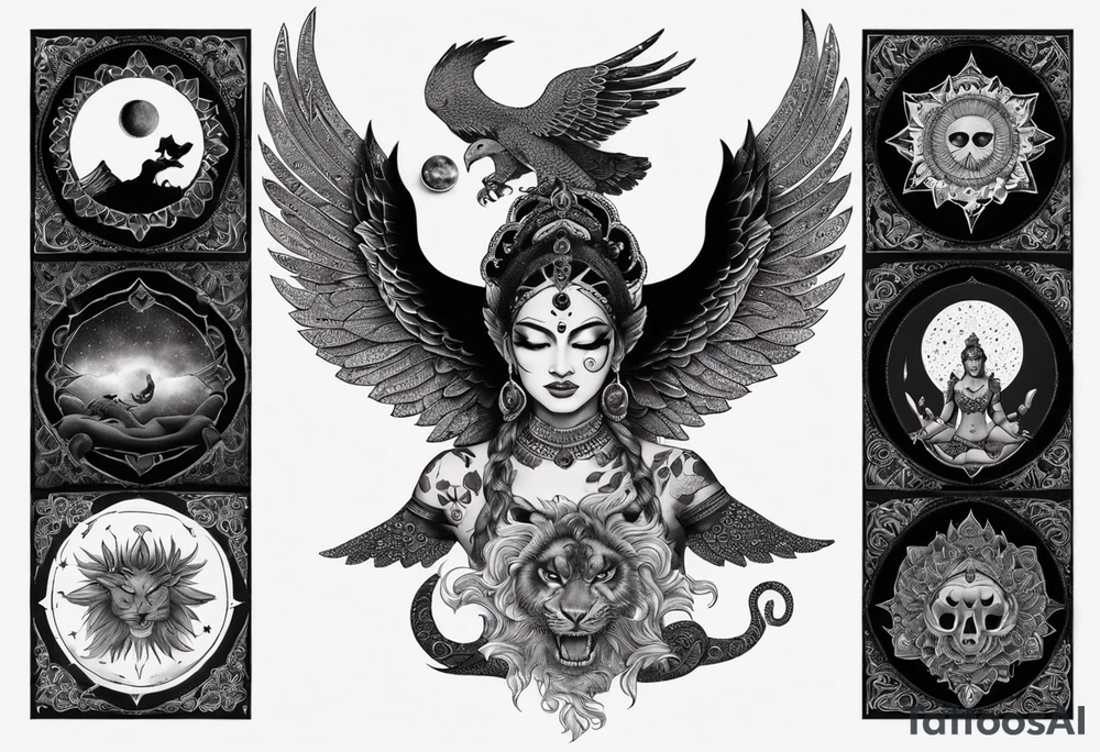 black kali, goddess pirate, alien, angel, pachamama, valkrye, warrior, flying, skull, lotus azul, wing, eagle, zenza resonance, stars, 5D, anahata chakra, death, durga, riding on a tiger, flying lady, kundalini, chest tatoo, samuri, rebel, serpent tattoo idea