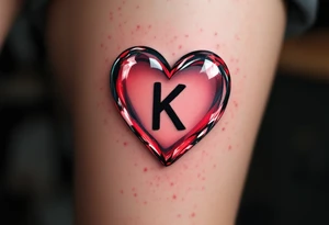 A realistic glass heart with the letter "K" frozen inside, representing love that is pure and preserved forever. tattoo idea