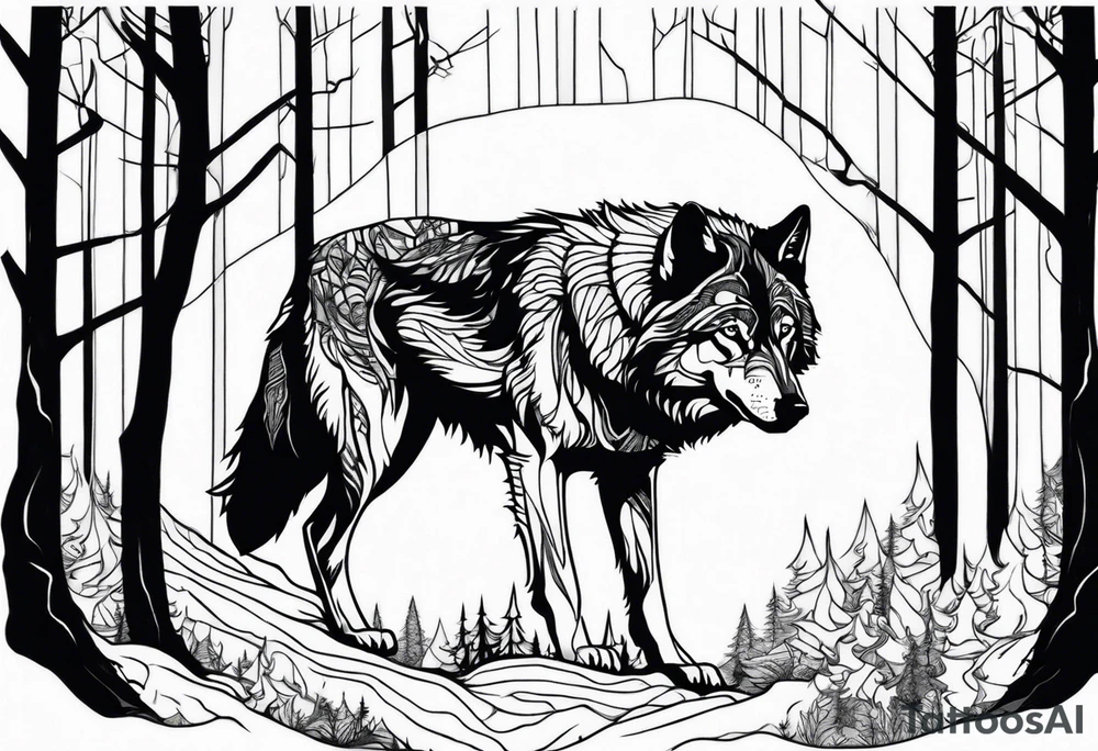 Detailed powerful Wolf in Front of a scary forest tattoo idea