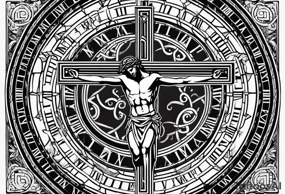 Crucified man inside a circle of Roman numerals with roman numerals on it tattoo idea