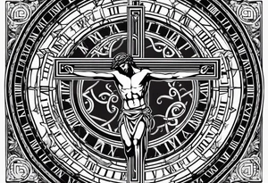 Crucified man inside a circle of Roman numerals with roman numerals on it tattoo idea