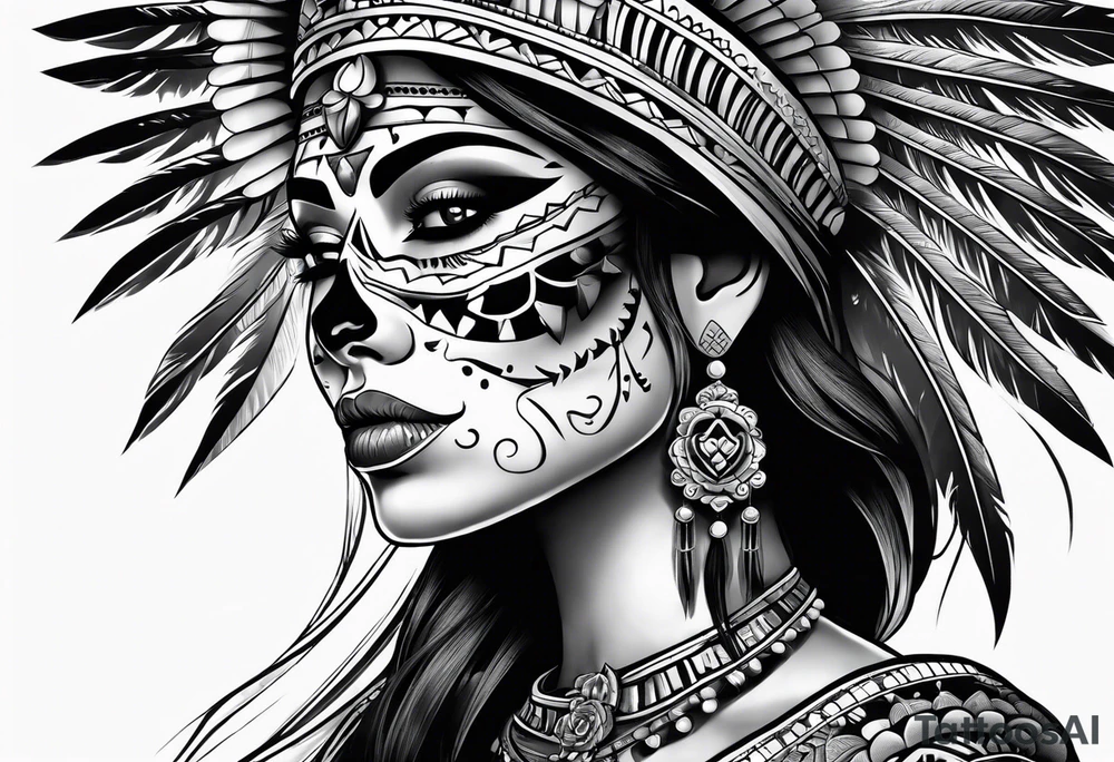 Aztec princess side profile day of the dead tattoo idea