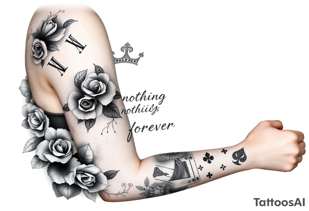 Roman clock with roses and a crown,  a quote that says nothings forever. and on the bottom a deck of cards tattoo idea