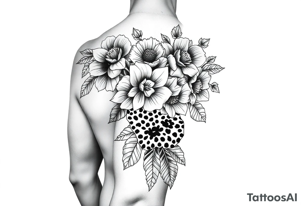 Arm sleeve with a variety of flowers and leopard print filler tattoo idea