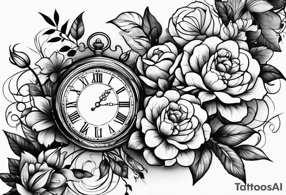 Flowers and clock tattoo idea