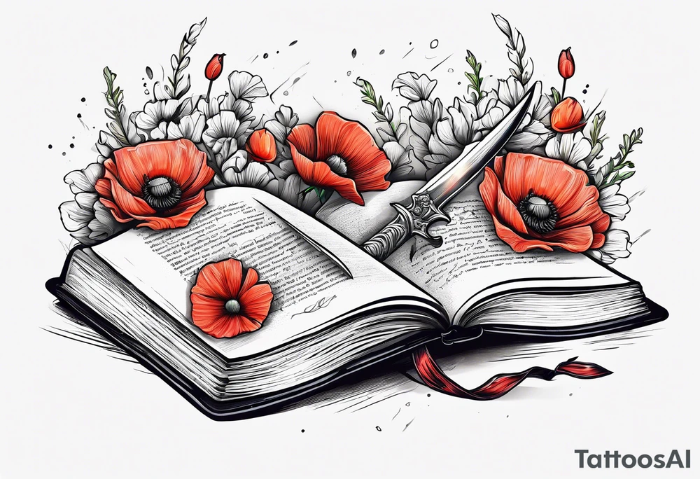 A dagger through a book surrounded by poppy flowers tattoo idea
