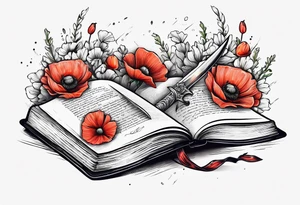 A dagger through a book surrounded by poppy flowers tattoo idea