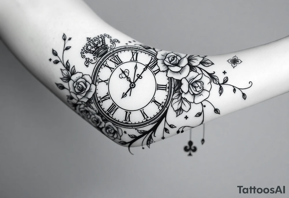Roman clock with roses and a crown,  a quote that says nothings forever. and on the bottom a deck of cards tattoo idea