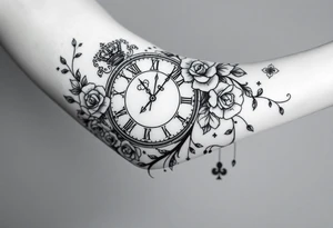 Roman clock with roses and a crown,  a quote that says nothings forever. and on the bottom a deck of cards tattoo idea