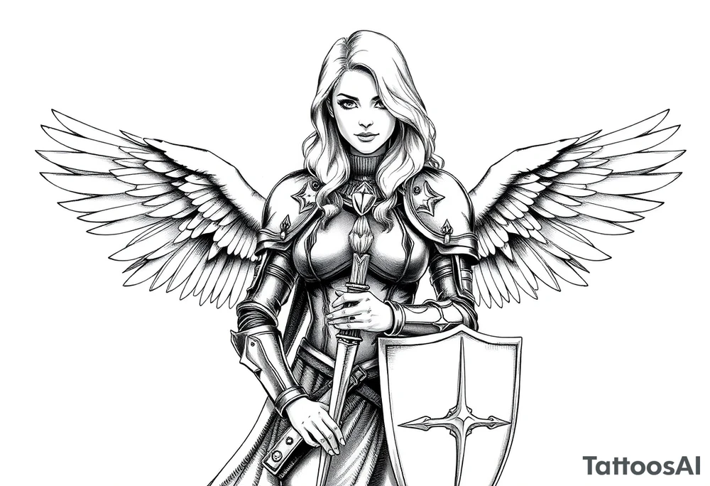 femme blonde cheveux long ondulé, en armure de chevalier tenant épée à la mais et de grandes ailes d'anges déployées tattoo idea