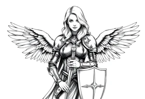 femme blonde cheveux long ondulé, en armure de chevalier tenant épée à la mais et de grandes ailes d'anges déployées tattoo idea