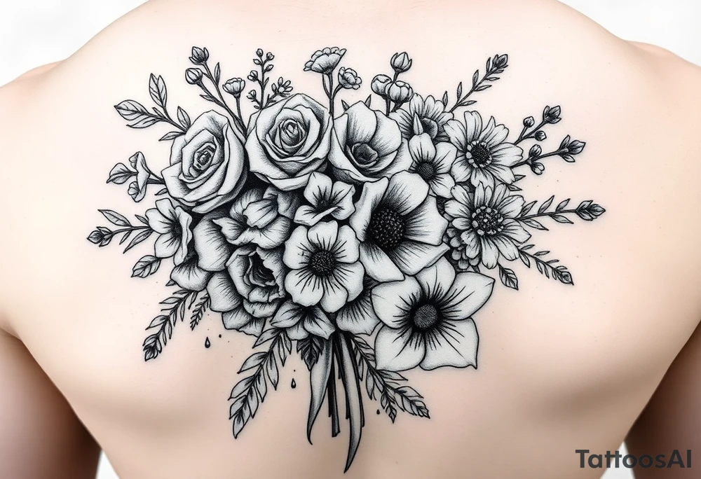 Bouquet of roses, snowdrops, marigolds, asters and gladioli tattoo idea