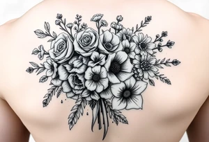 Bouquet of roses, snowdrops, marigolds, asters and gladioli tattoo idea