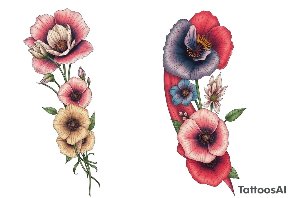 Fore arm tattoo in the neo american traditional style. I want to incorporate a few different flowers: poppy's, morning glorys, narcisus in full color tattoo idea