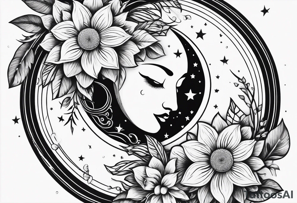 sun moon floral tattoo idea