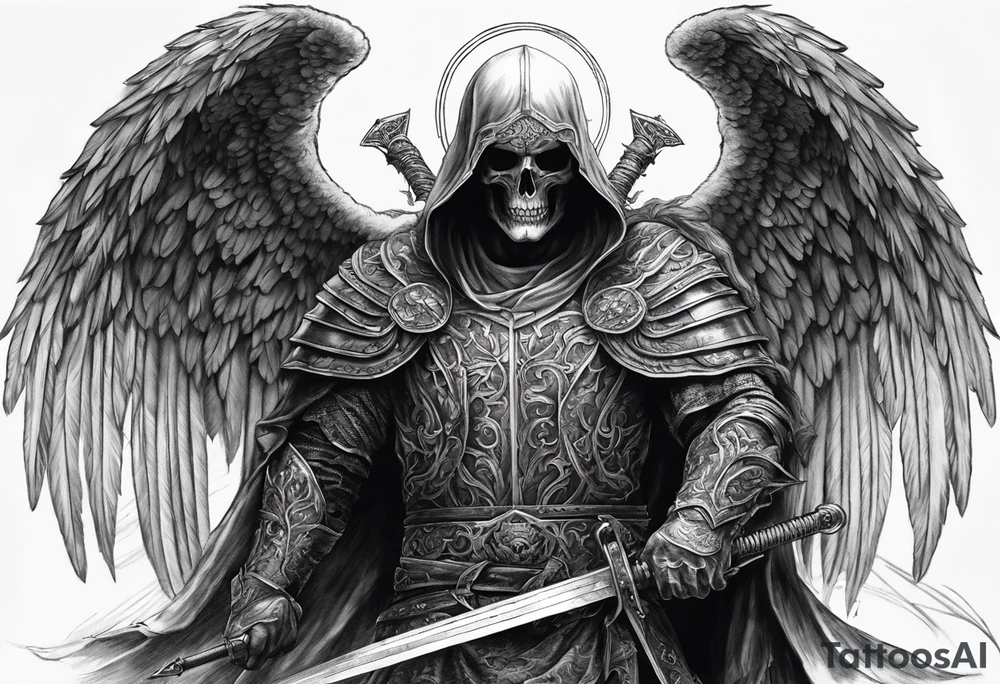 realistic angel of death, man, full body, no face visible, holding one sword in both hands, two hands on the sword, sword pointing downwards, skulls lying on the ground tattoo idea