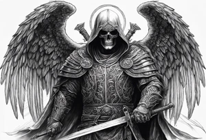 realistic angel of death, man, full body, no face visible, holding one sword in both hands, two hands on the sword, sword pointing downwards, skulls lying on the ground tattoo idea
