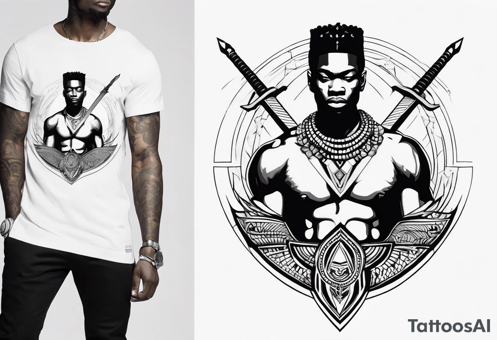 african, warrior, sword, chest tattoo, symmetrical, include neumann numerals, add shade tattoo idea