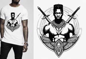 african, warrior, sword, chest tattoo, symmetrical, include neumann numerals, add shade tattoo idea