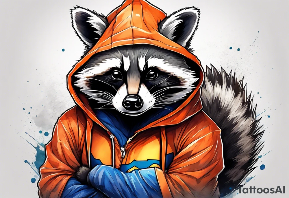 Raccoon wearing an orange Superman hoodie tattoo idea
