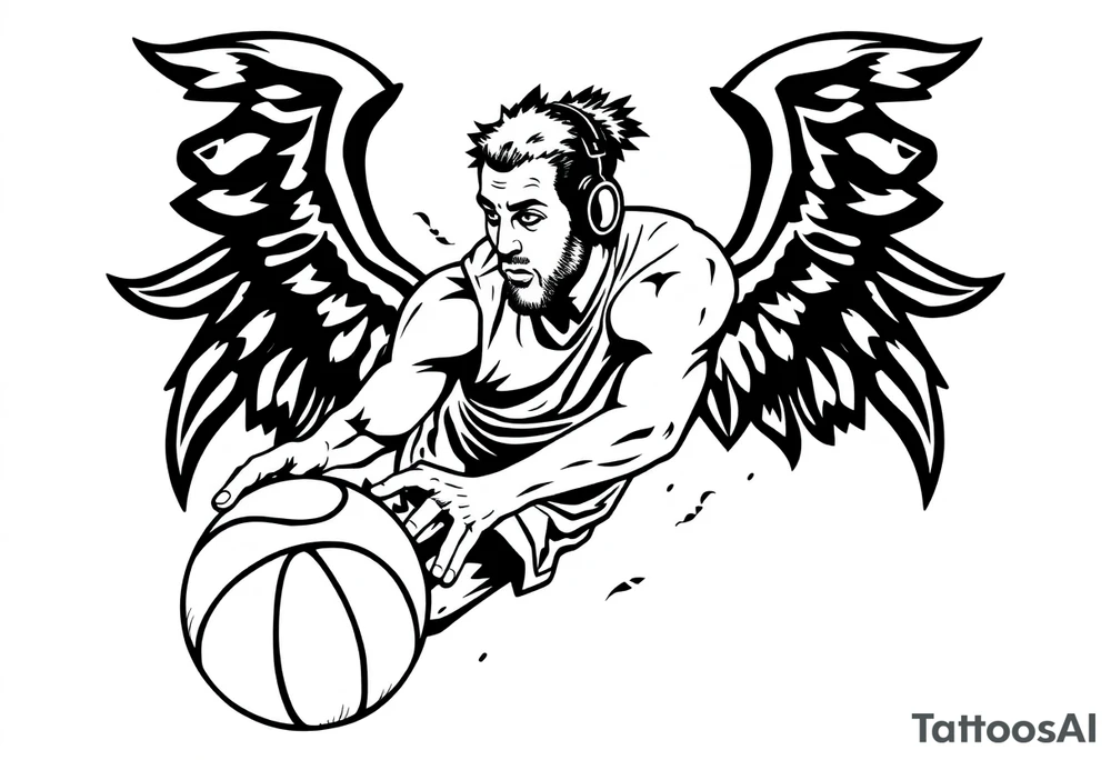 A guy dribbling a basketball with headphones on tattoo idea