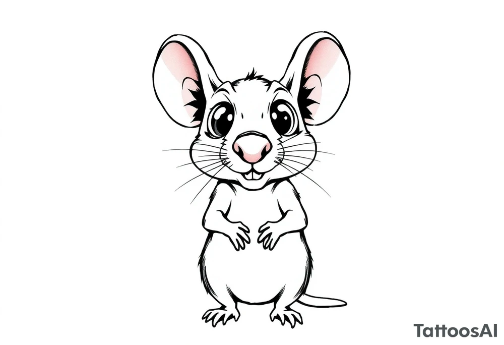 so--try it from the profile...a big head, big eyes, outside the head, big nose


Original tattoo-style illustration:

A rat standing upright

Very large, bulging eyes popping out

A cheeky / mischievous smile

Cartoon style, not baby-like

One black-and-white version + one color version

4 images in total (so you can choose the best one) 
 + this link tattoo idea