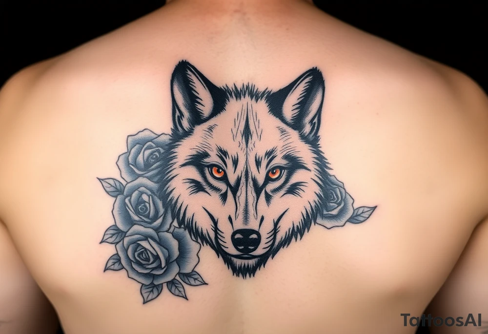 All black wolf half torso
(front facing) with orange eyes surrounded by blue roses tattoo idea